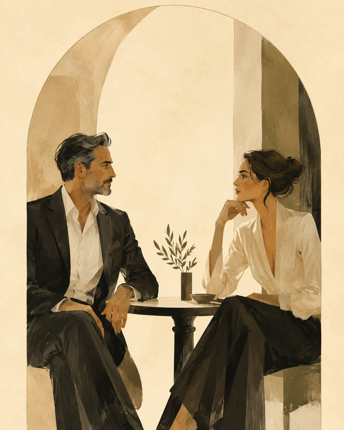 Editorial illustration of two sophisticated adults in a thoughtful conversation